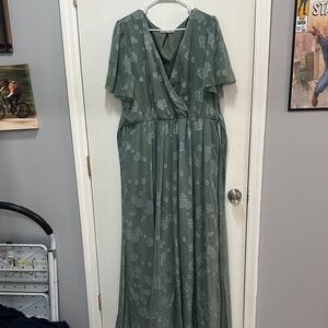 Elegant Green Floral Faux Wrap Dress